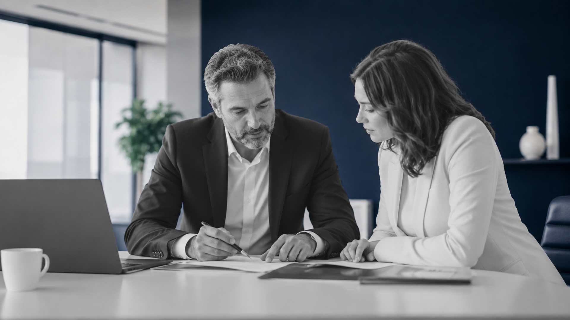 Reunião de análise empresarial para calcular o valor de uma empresa de serviços considerando ativos intangíveis.