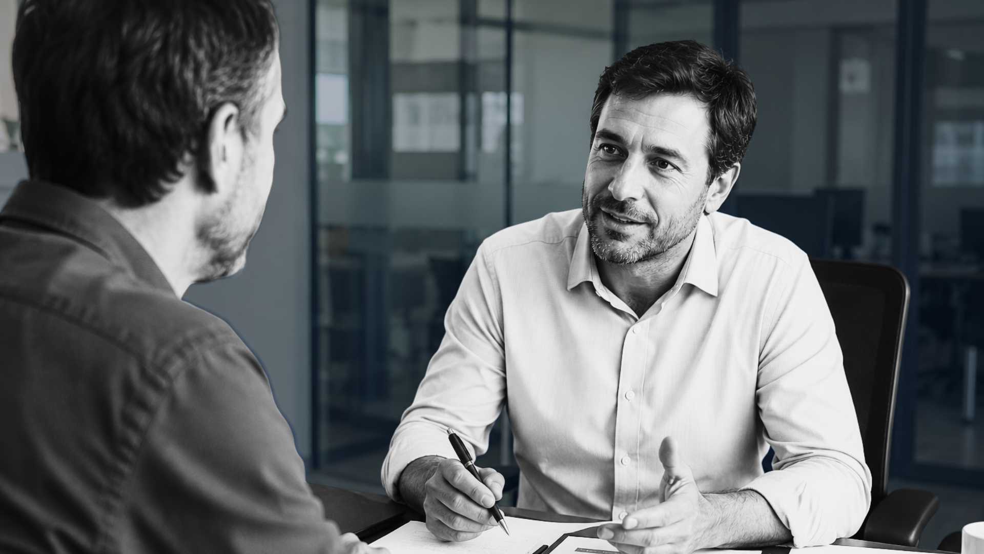 Consultor de valuation apresenta proposta personalizada para empresário em reunião