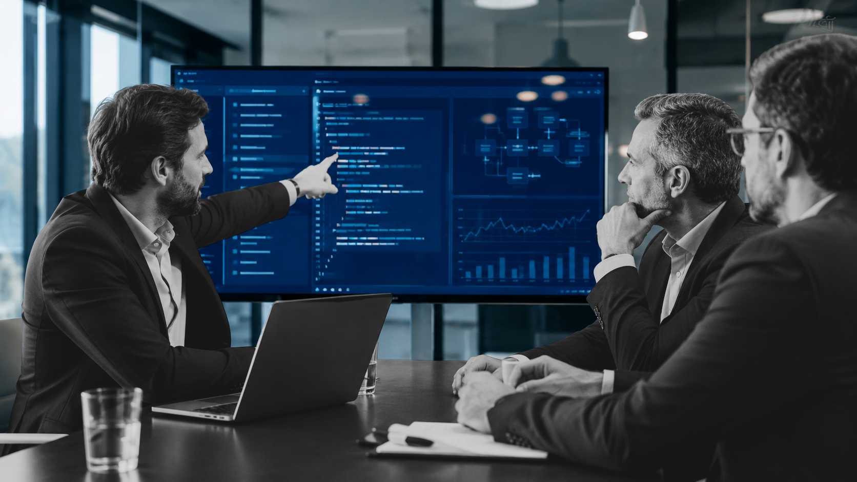 Empresário apresentando interface de software para avaliação e negociação de ativo tecnológico