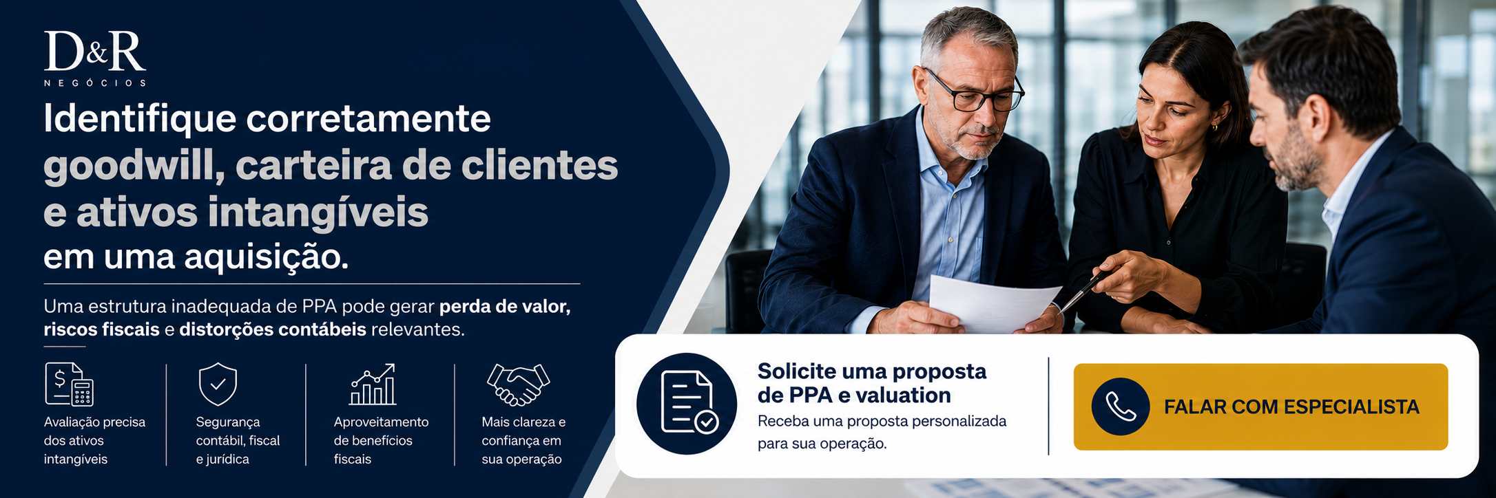 Banner sobre proposta de PPA e valuation para identificação de goodwill e ativos intangíveis em aquisições empresariais
